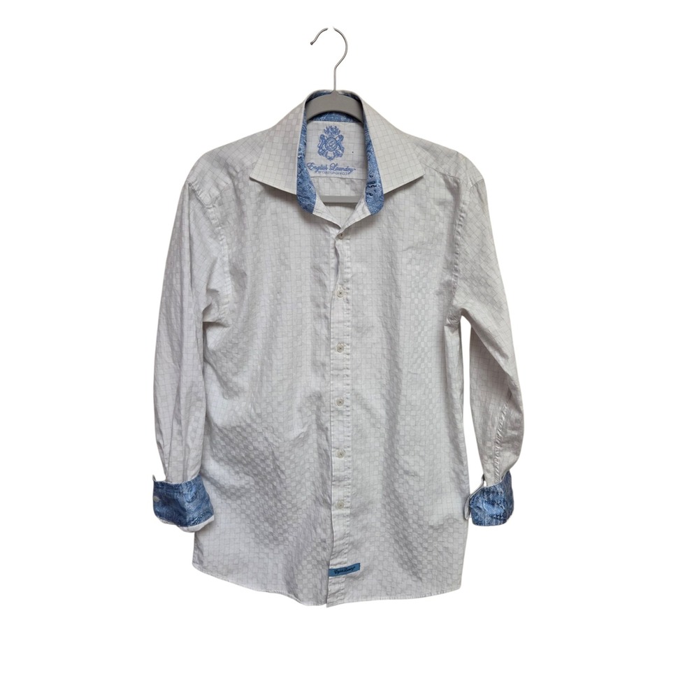 English Laundry Mens Dress Shirt Blue‎ White Checkered Long Sleeve